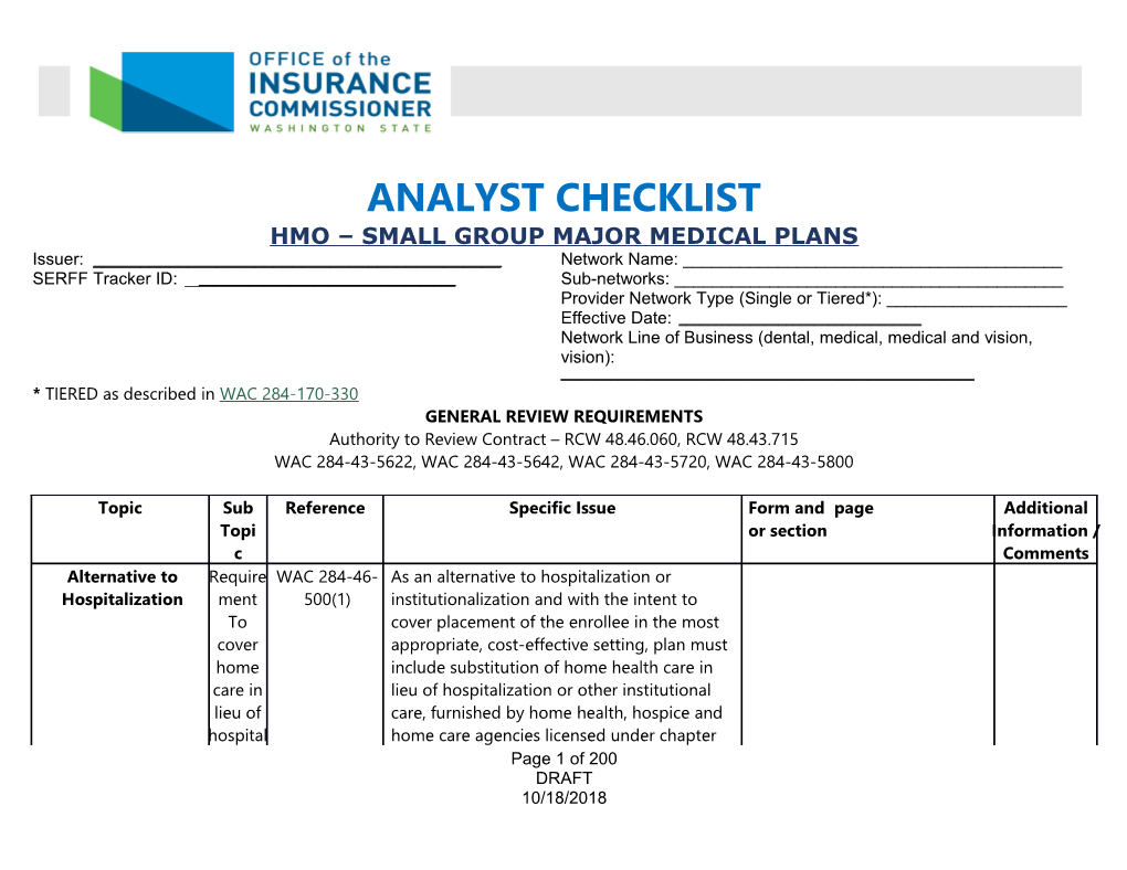 2019 HMO Small Group Analyst Checklist