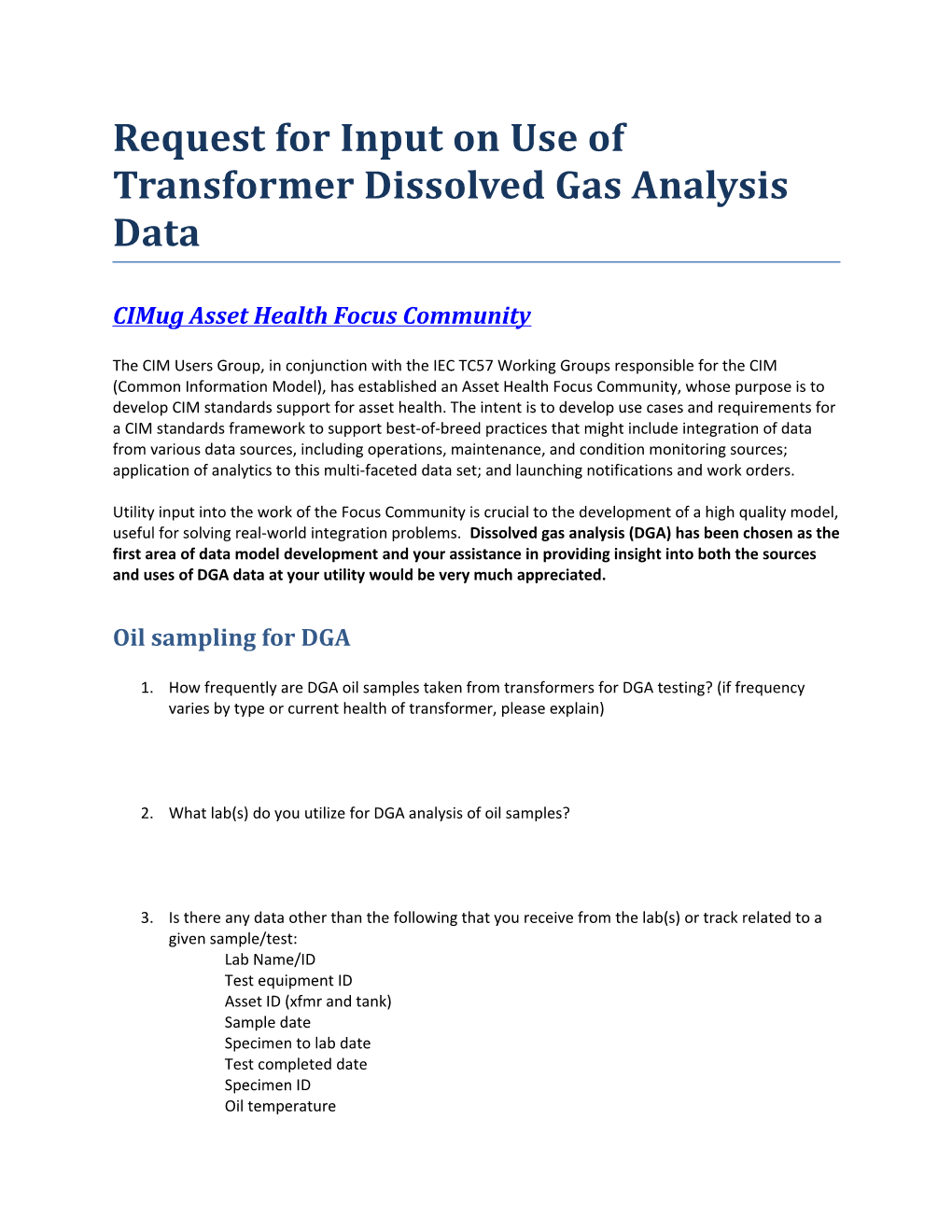 Request for Input on Use of Transformer Dissolved Gas Analysis Data