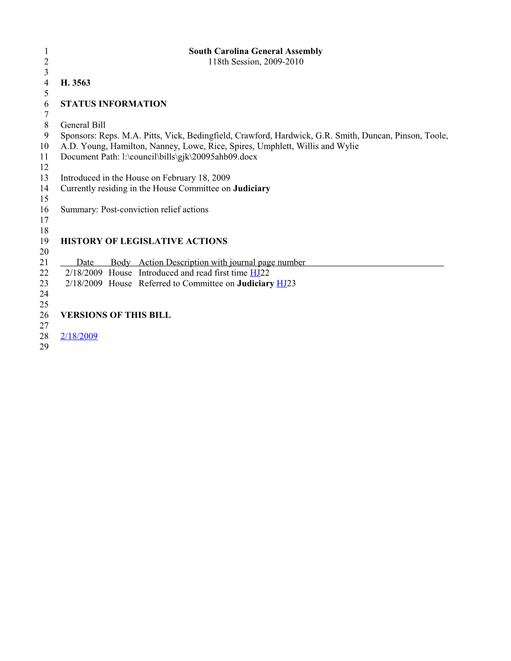 2009-2010 Bill 3563: Post-Conviction Relief Actions - South Carolina Legislature Online