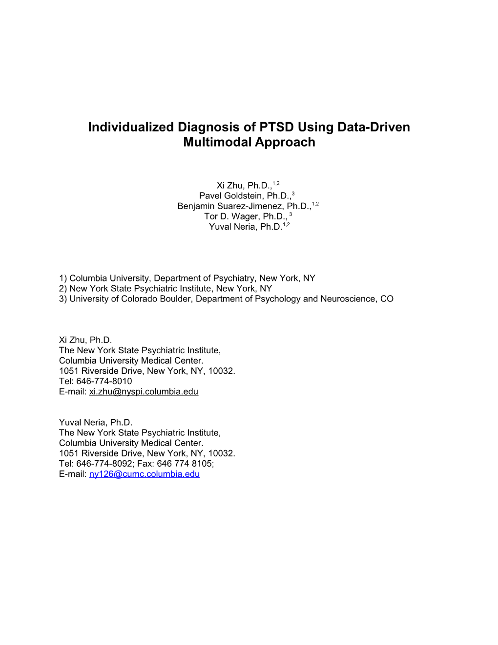 Individualized Diagnosis of PTSD Using Data-Driven Multimodal Approach