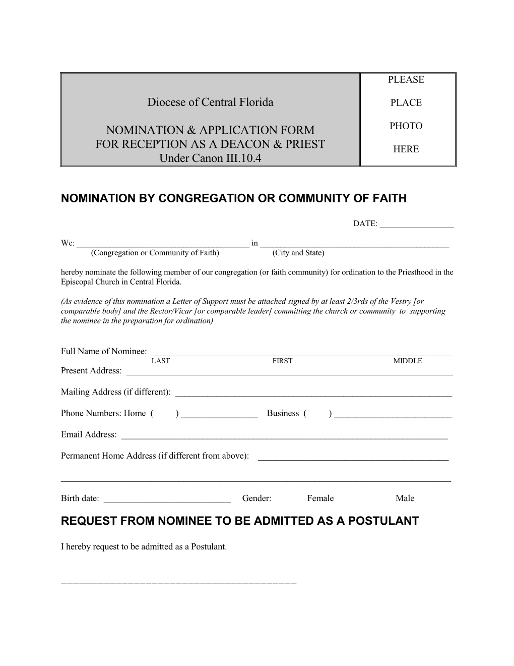 Nomination by Congregation Or Community of Faith