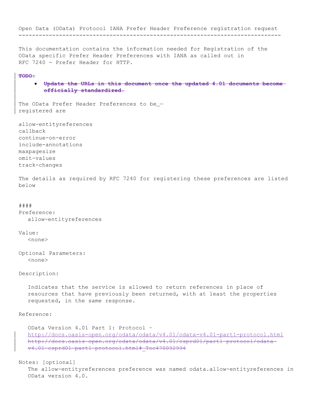 Open Data (Odata) Protocol IANA Prefer Header Preference Registration Request