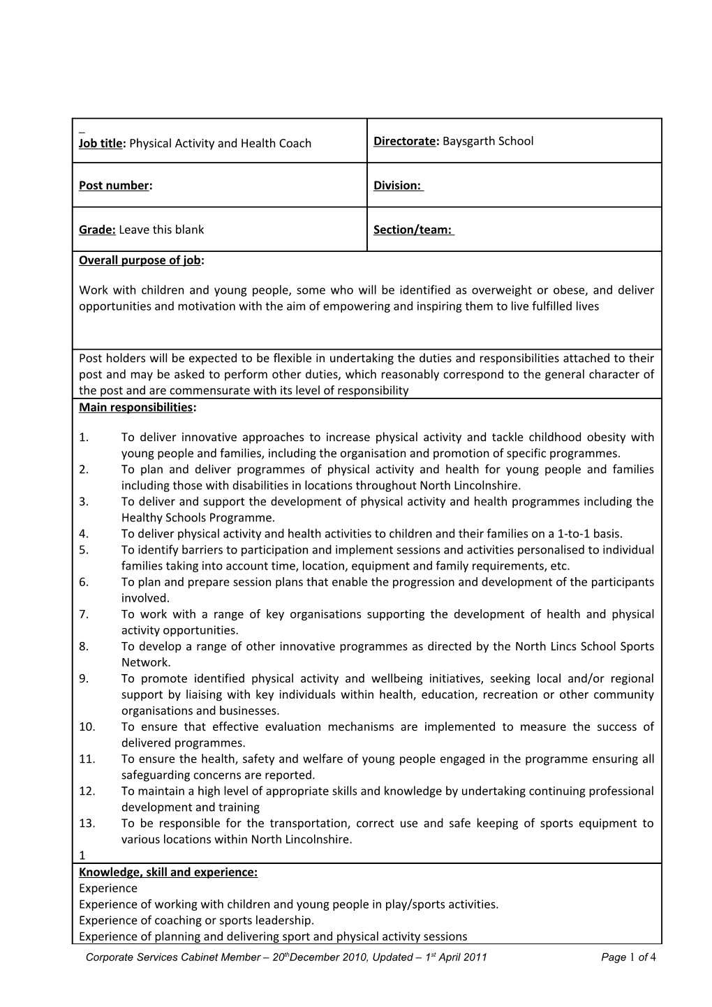 Corporate Services Cabinet Member 20Thdecember 2010, Updated 1St April 2011 Page 1 of 4