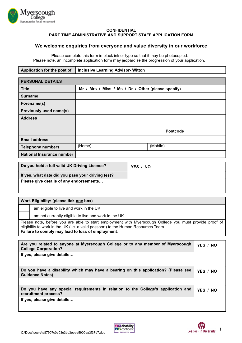 Part Time Administrative and Support Staff Application Form