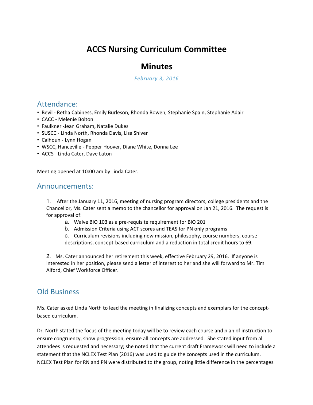 ACCS Nursing Curriculum Committee