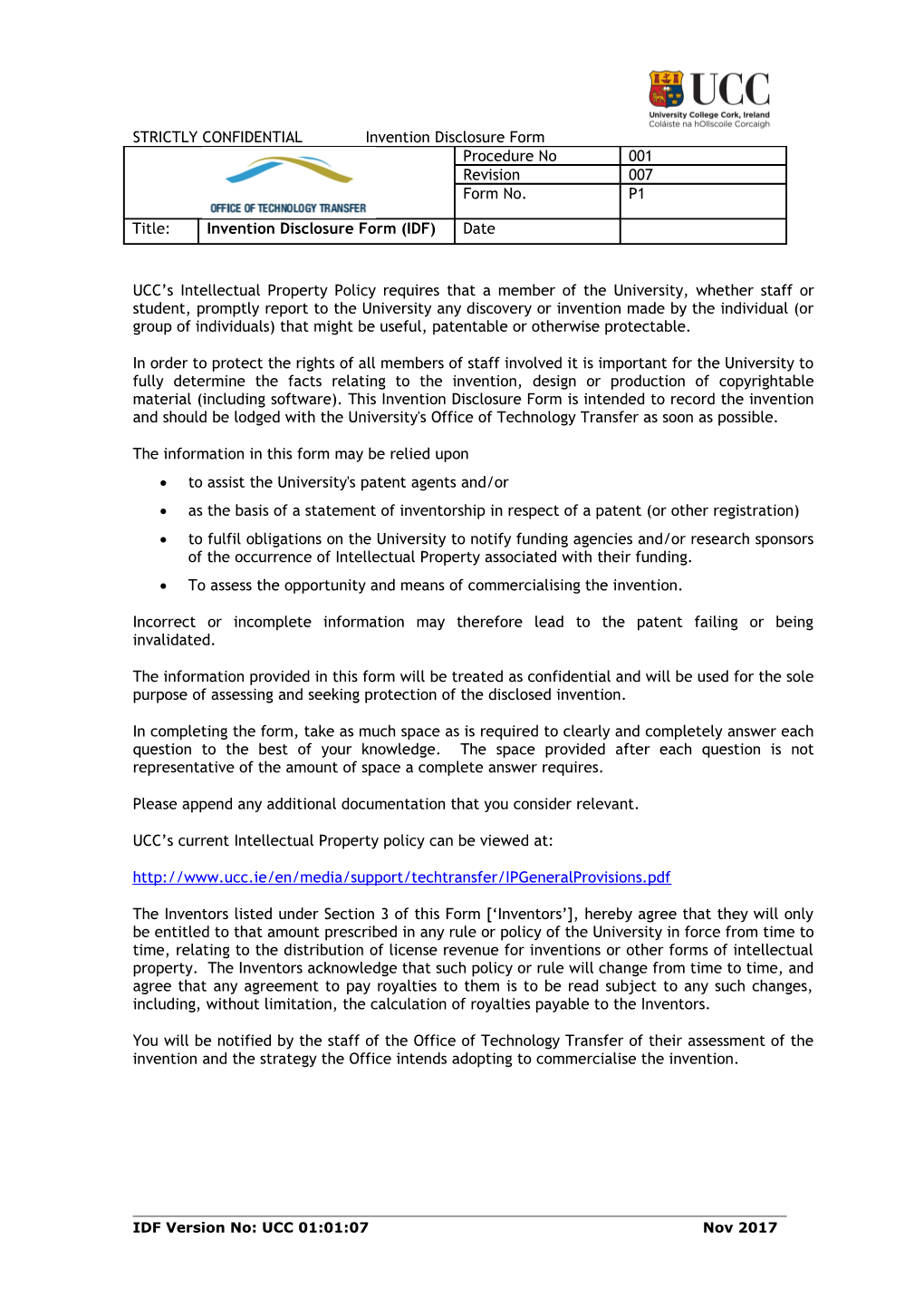 University College Cork Invention Disclosure Form