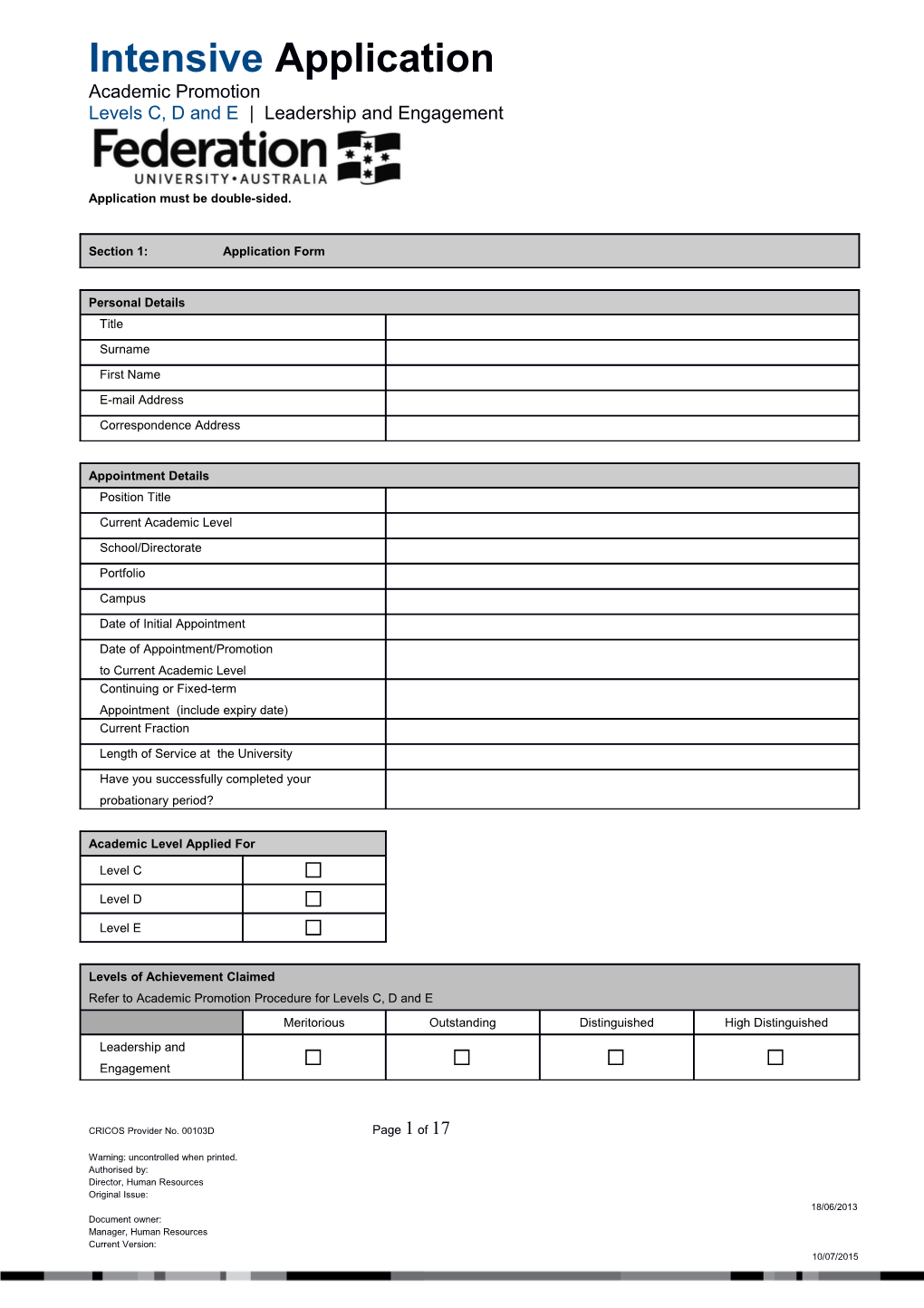 Academic Promotion Application Template to Level B