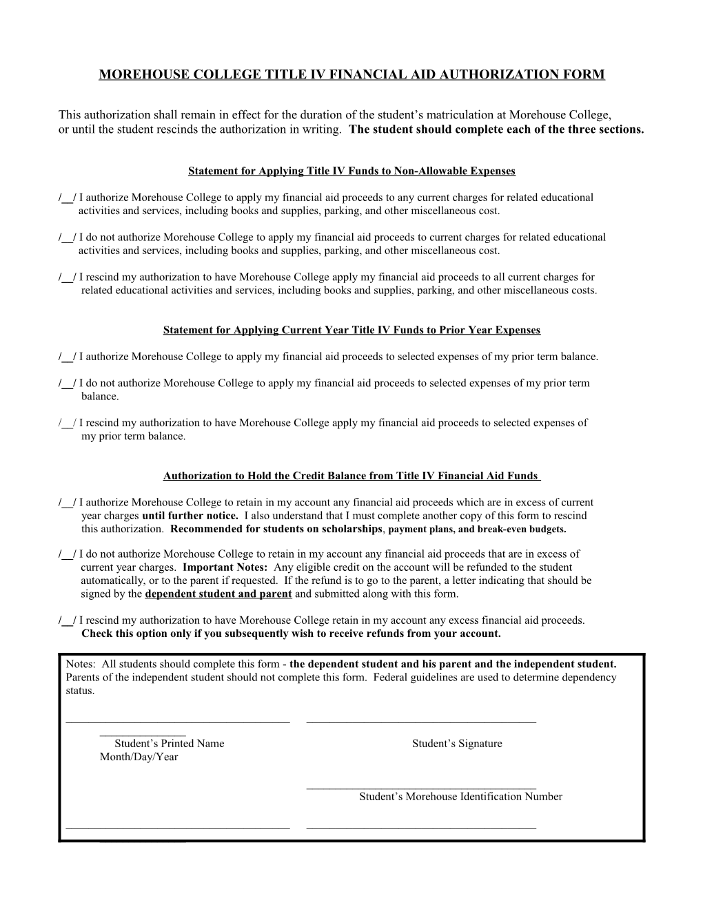 Morehouse College Title Iv Financial Aid Authorization Form