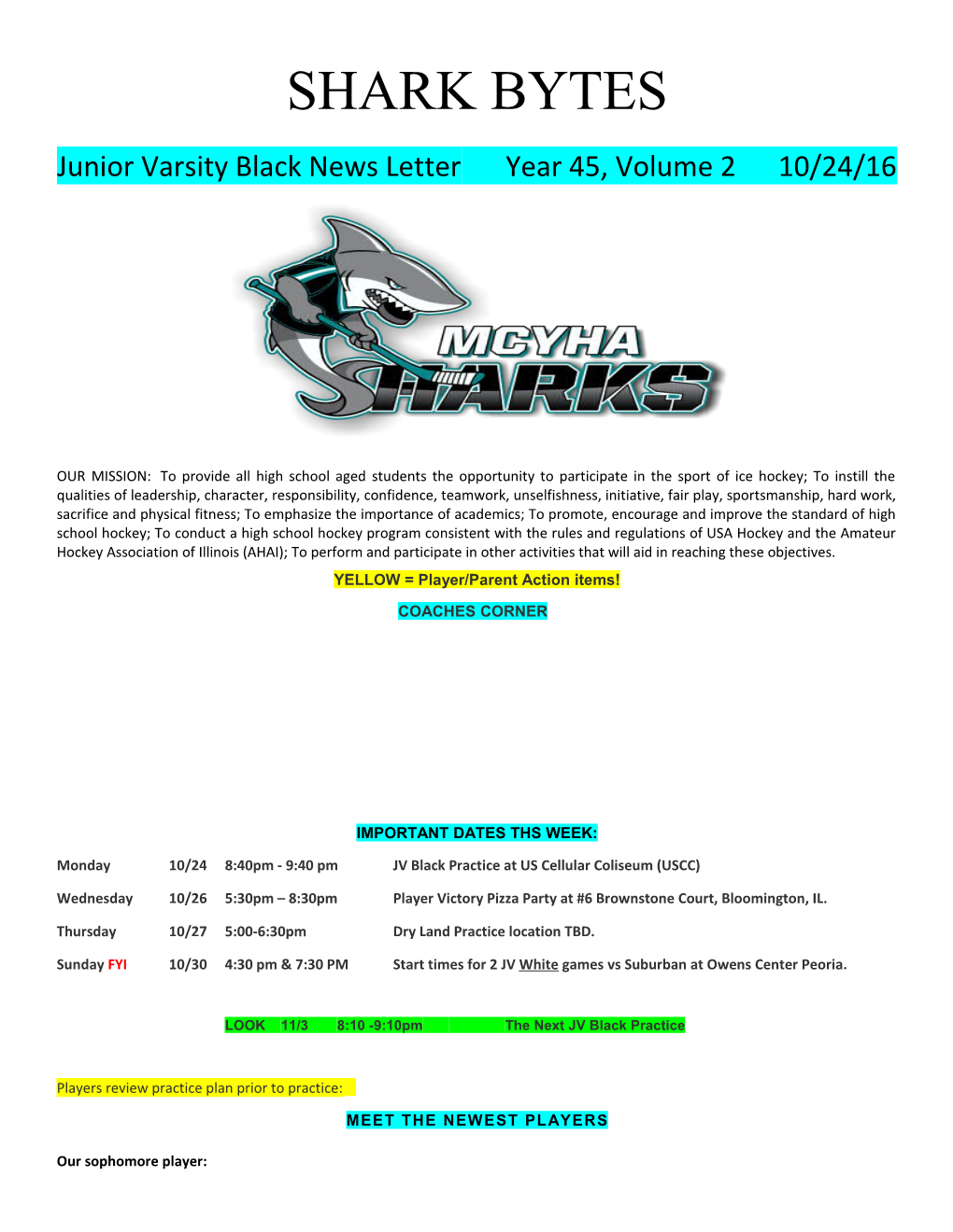 Junior Varsity Black News Letteryear 45, Volume 2 10/24/16
