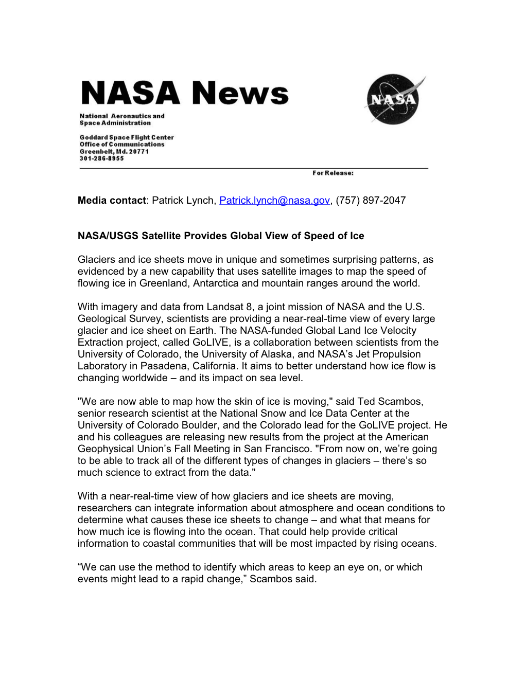 NASA/USGS Satellite Provides Global View of Speed of Ice