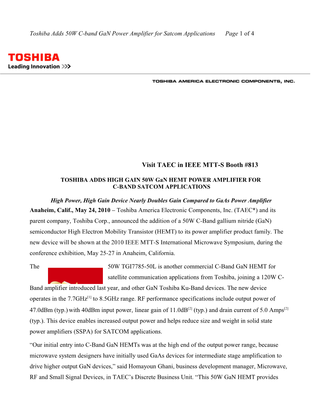 Toshiba Adds 50W C-Band Gan Power Amplifier for Satcom Applications Page 1 of 4