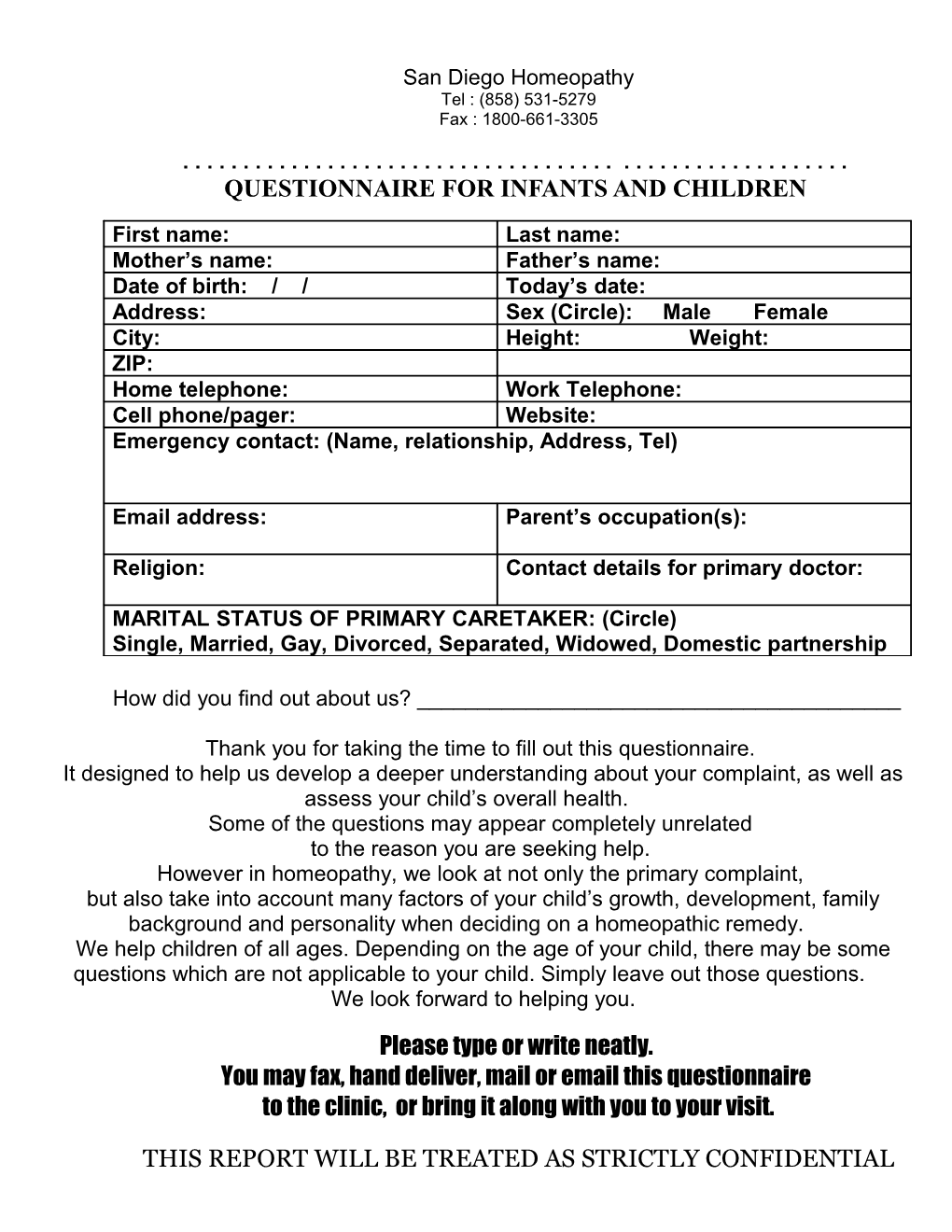 Questionnaire for Infants and Children