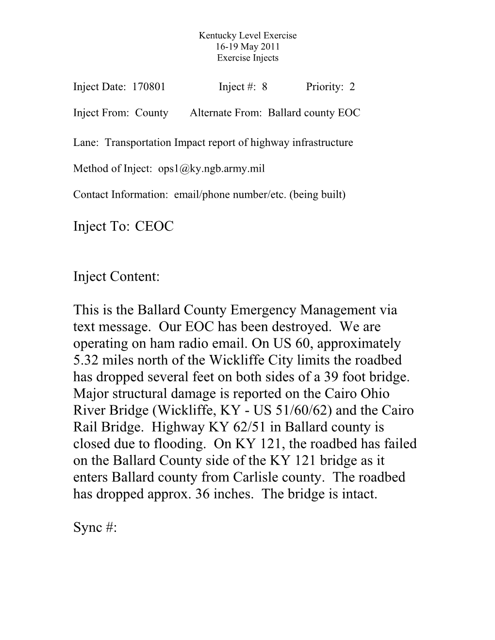 Inject From: Countyalternate From: Ballard County EOC