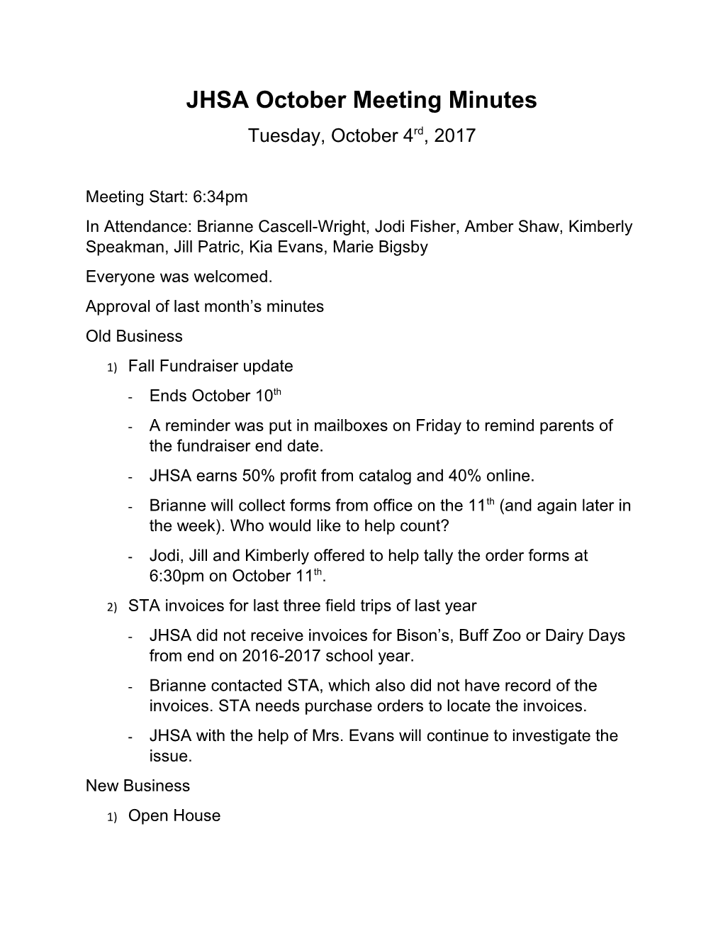 JHSA October Meeting Minutes