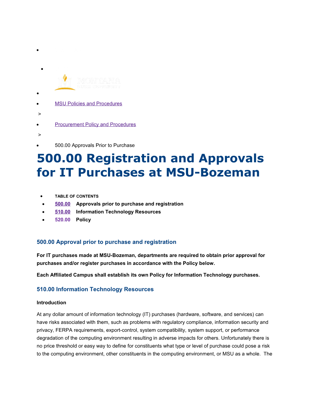 500.00 Registration and Approvals for IT Purchases at MSU-Bozeman
