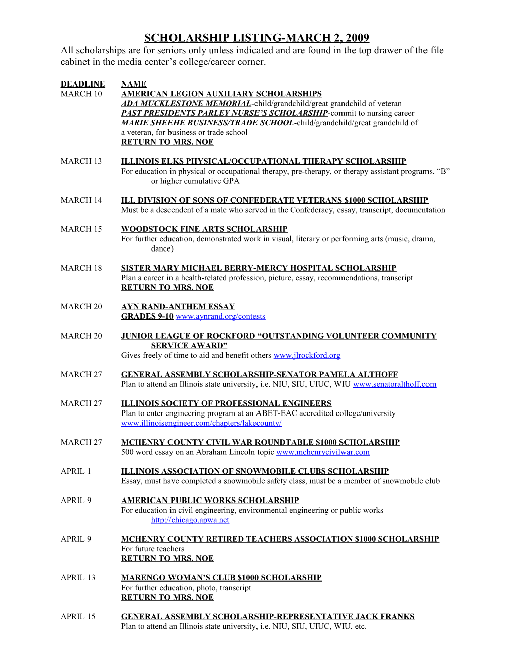 Scholarship Listing-March 2, 2009