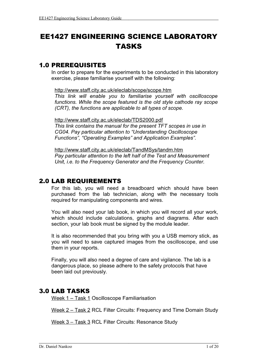 Ee1427 Engineering Science Laboratory Tasks