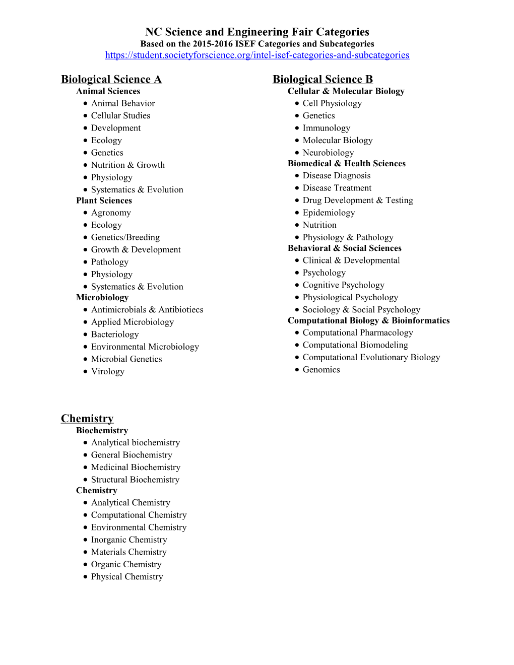 NC Science and Engineering Fair Categories