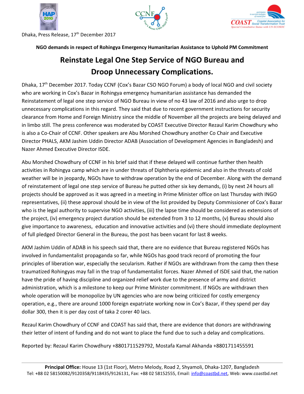 NGO Demands in Respect of Rohingya Emergency Humanitarian Assistance to Uphold PM Commitment