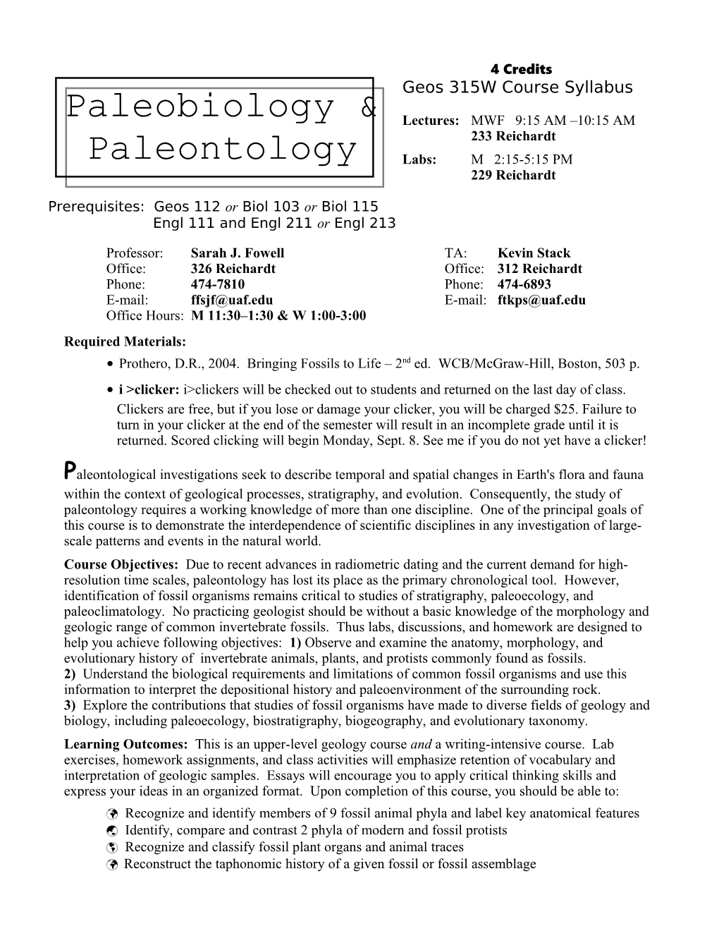 Syllabus: Geoscience 215 Paleobiology & Paleontology
