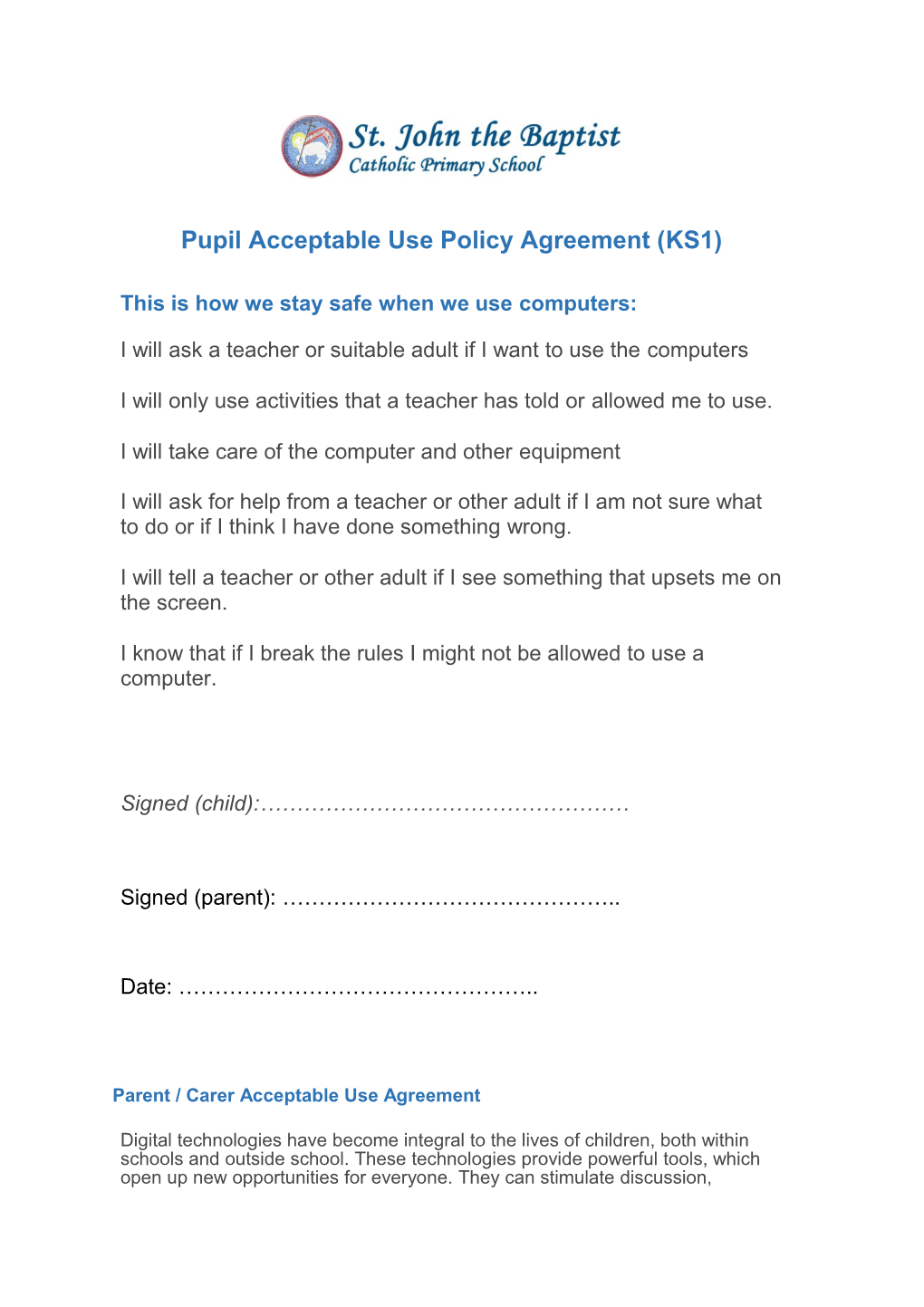 Pupil Acceptable Use Policy Agreement (KS1)