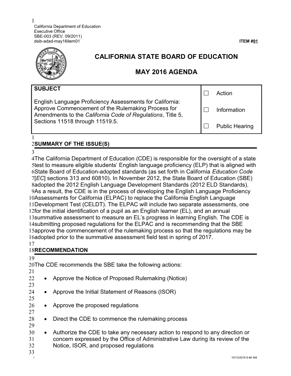 May 2016 Agenda Item 01 - Meeting Agendas (CA State Board of Education)
