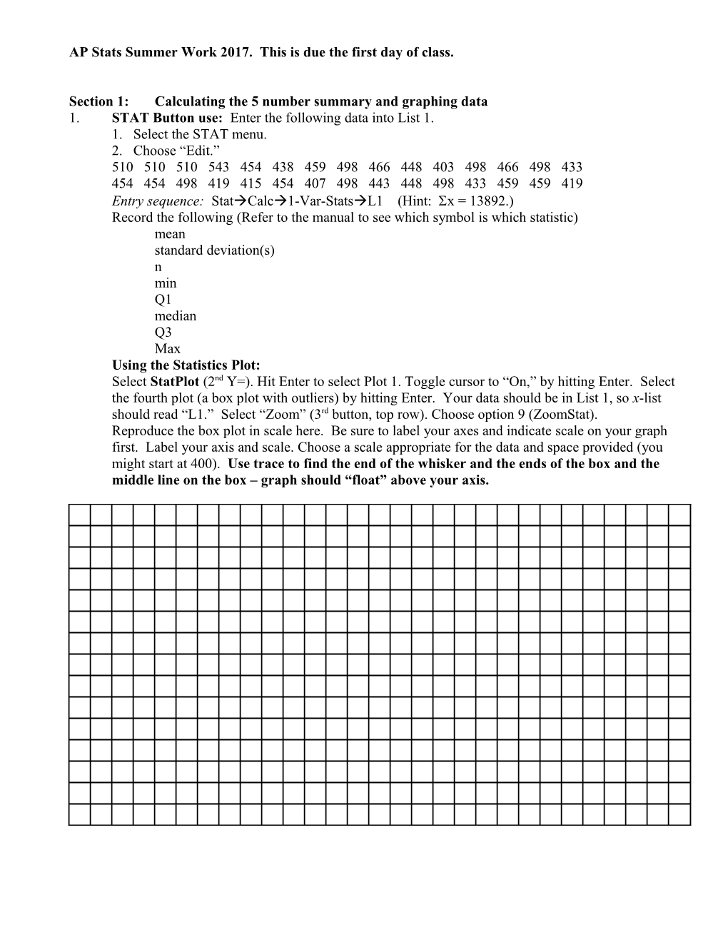 Summer Homework for AP Statistics