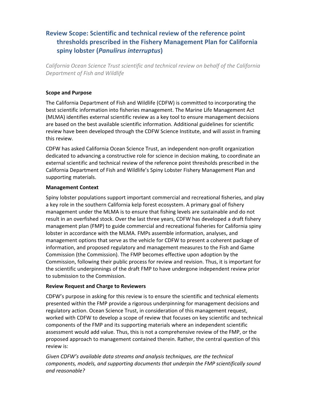 Review Scope: Scientific and Technical Review of the Reference Point Thresholds Prescribed