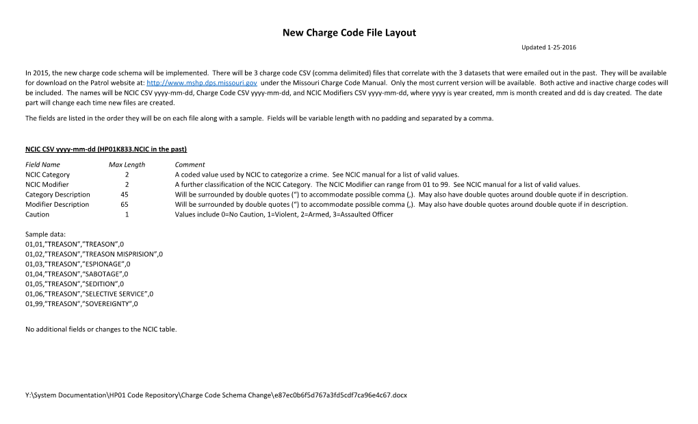 New Charge Code File Layout