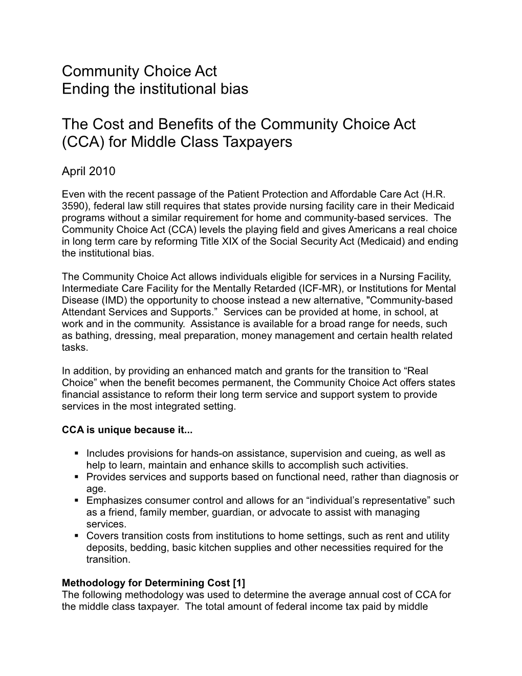 The Cost and Benefits of the Community Choice Act (CCA) for Middle Class Taxpayers