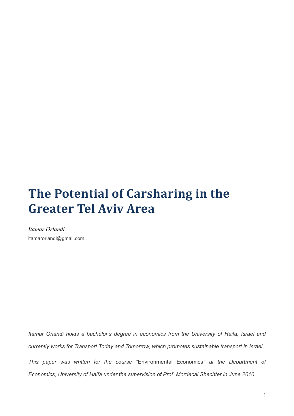 The Potential of Carsharing in the Greater Tel Aviv Area