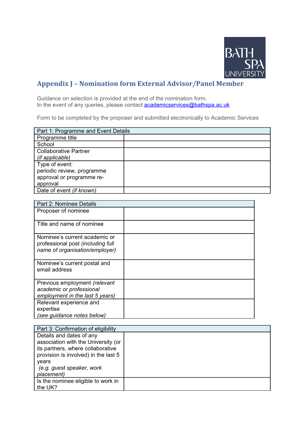 Appendix J Nomination Form External Advisor/Panel Member
