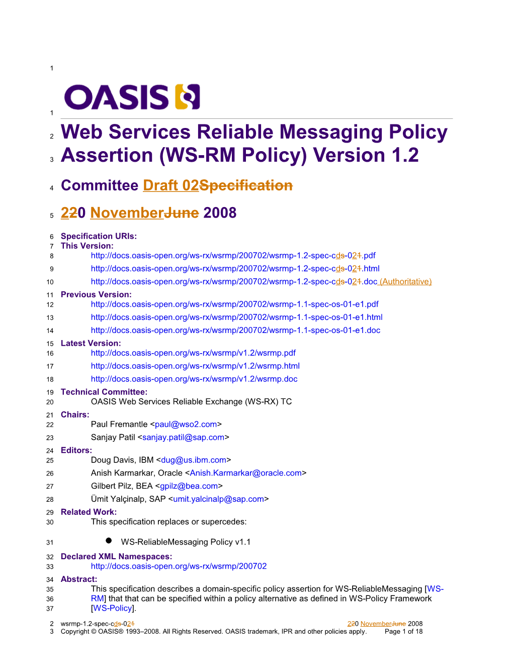 Web Services Reliablemessaging Policy Assertion (WS-RM Policy) Version 1.2
