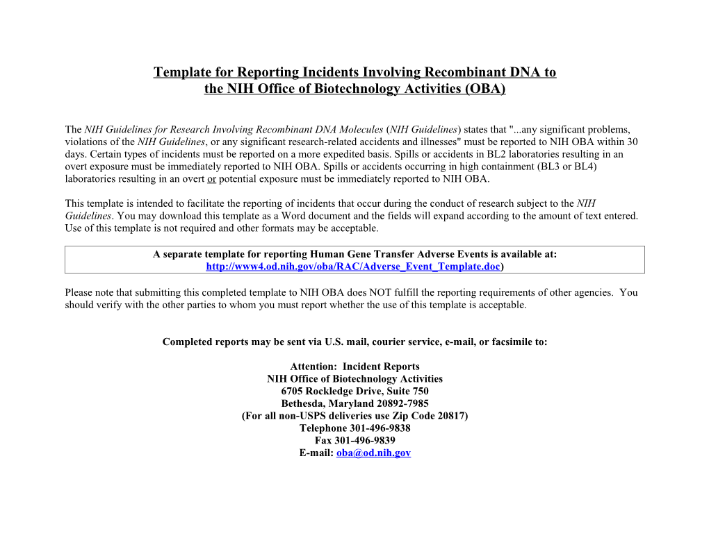 Template for Reporting Incidents Involving Recombinant DNA to the NIH Office of Biotechnology