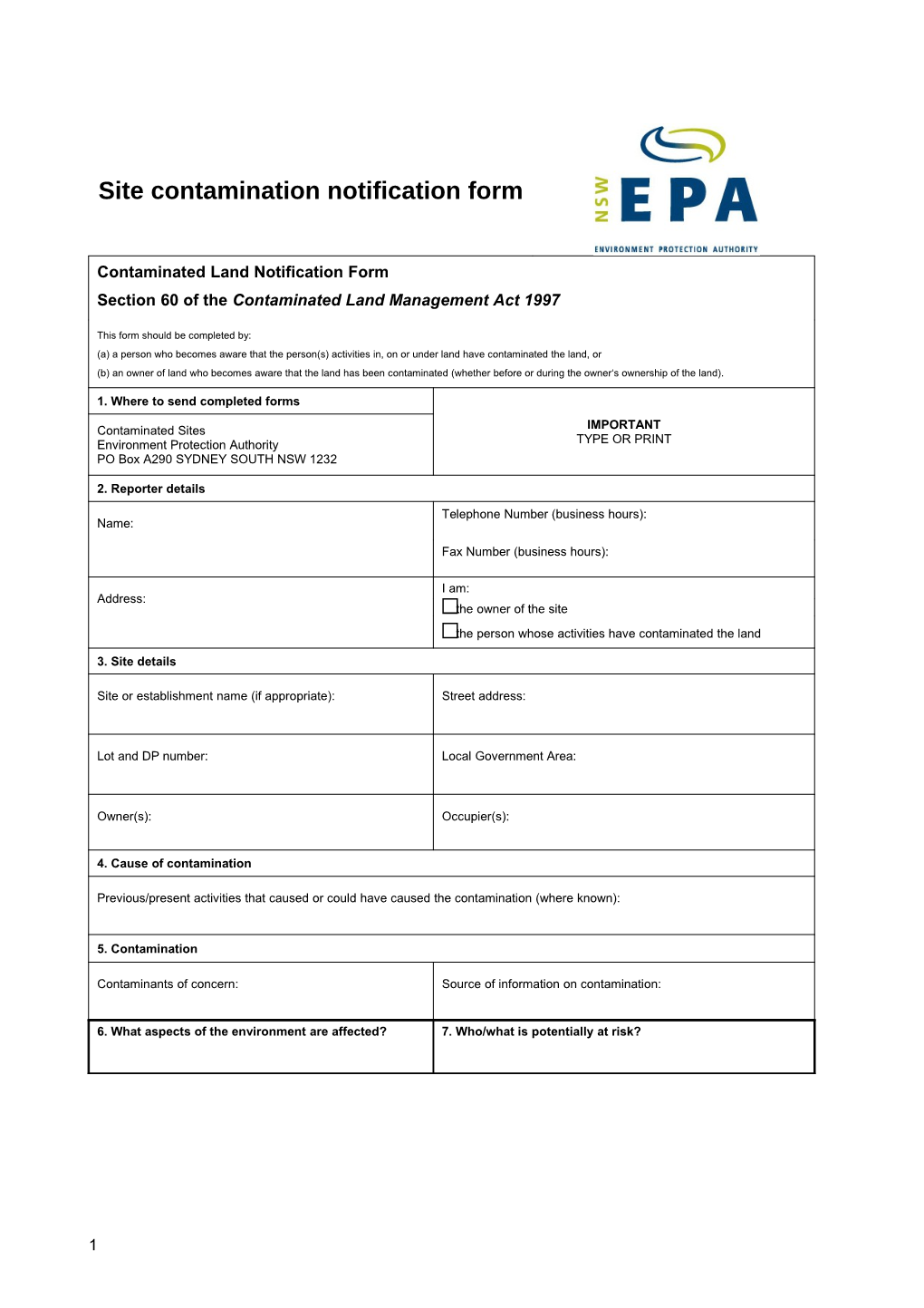 S60 Contaminated Land Notification Form