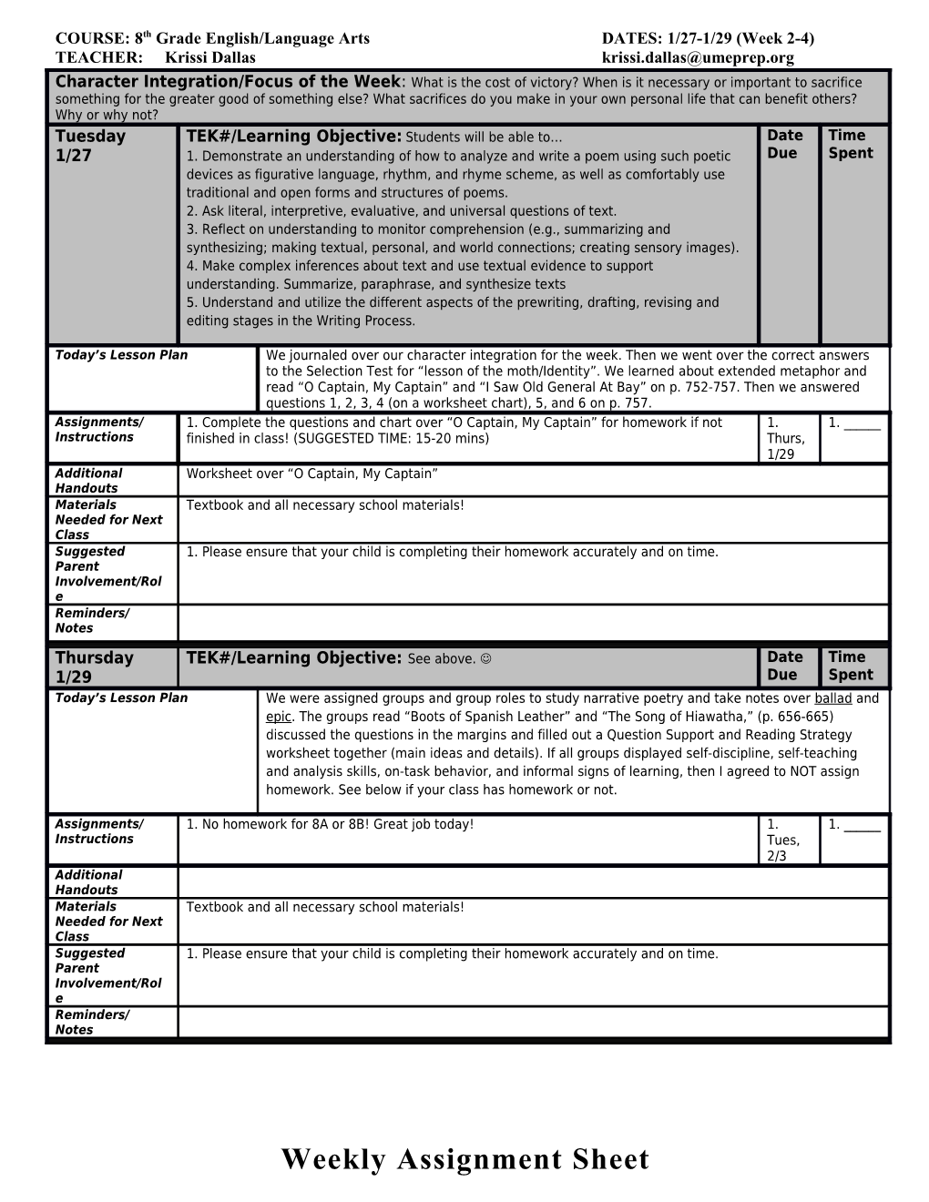 COURSE: 8Th Grade English/Language Artsdates: 1/27-1/29 (Week 2-4)