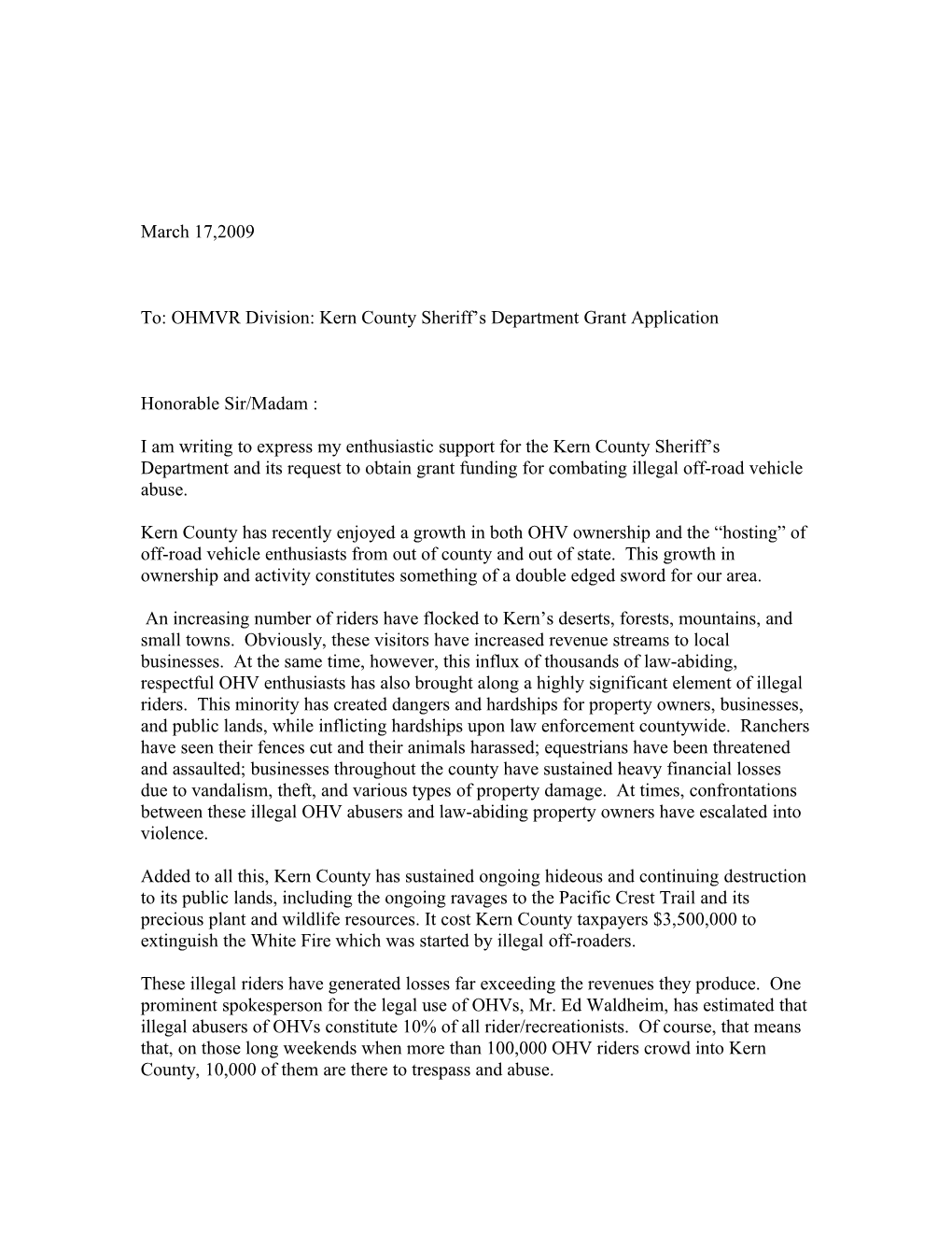 To: OHMVR Division: Kern County Sheriff S Department Grant Application