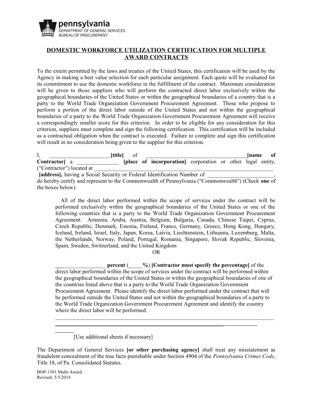 Domestic Workforce Utilization Certification for Multiple Award Contracts