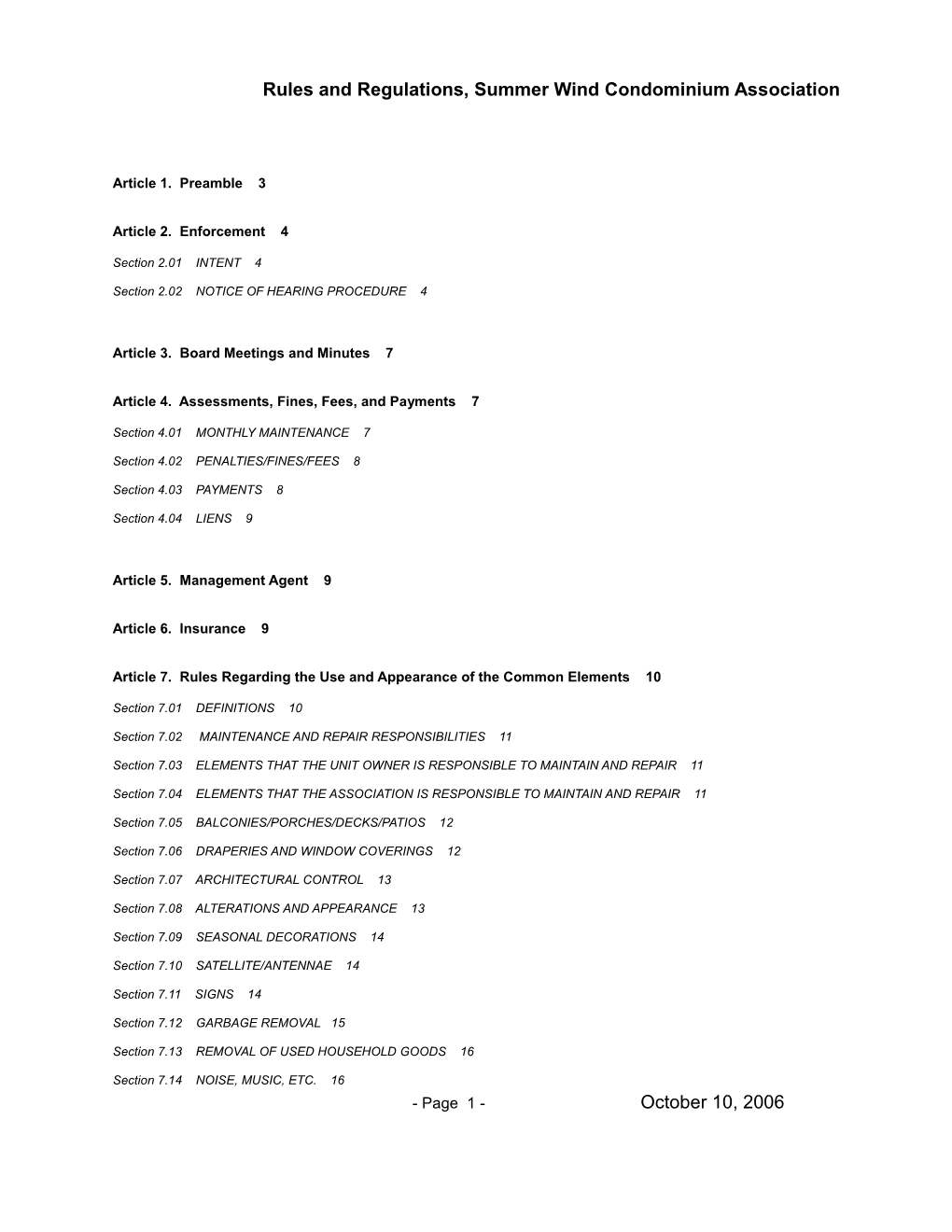 Rules and Regulations, Summer Wind Condominium Association