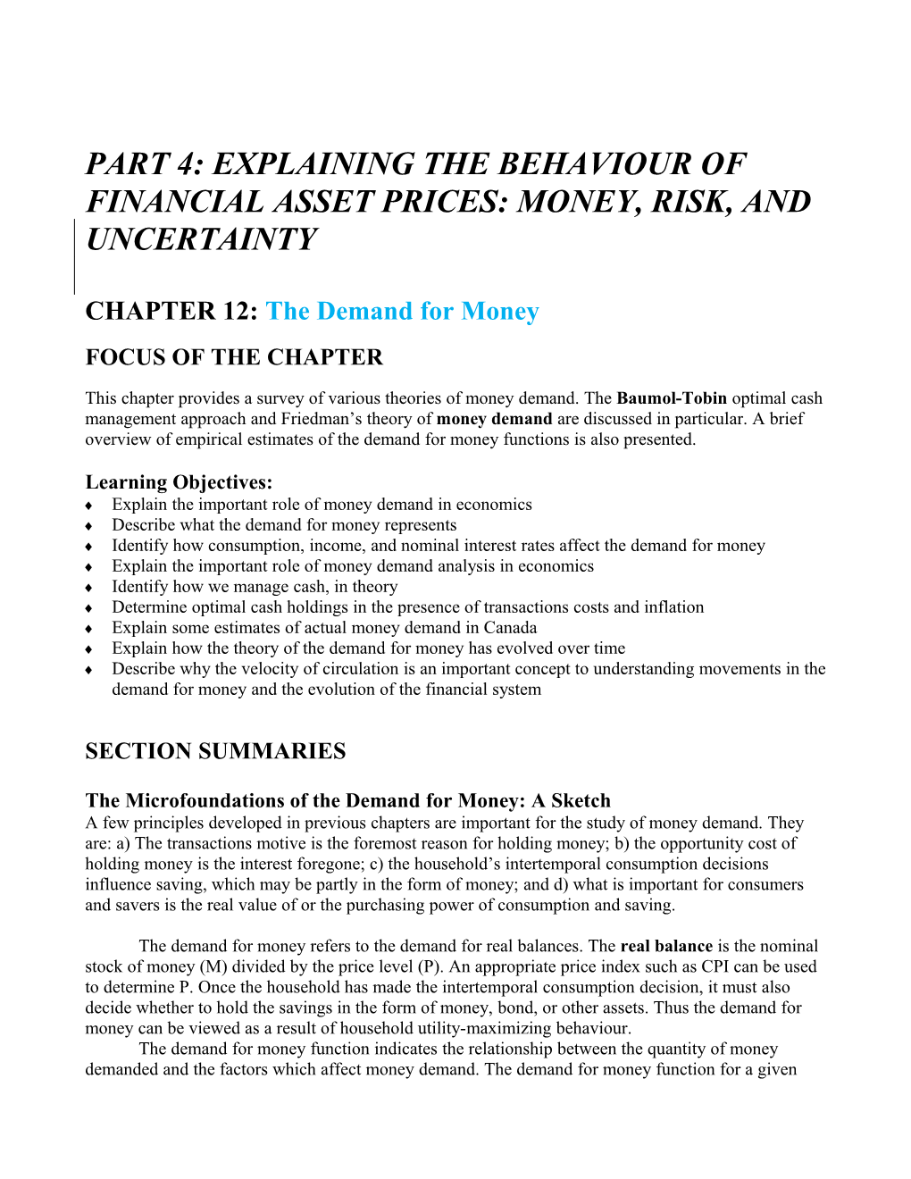 Part 4: Explaining the Behaviour of Financial Asset Prices: Money, Risk, and Uncertainty