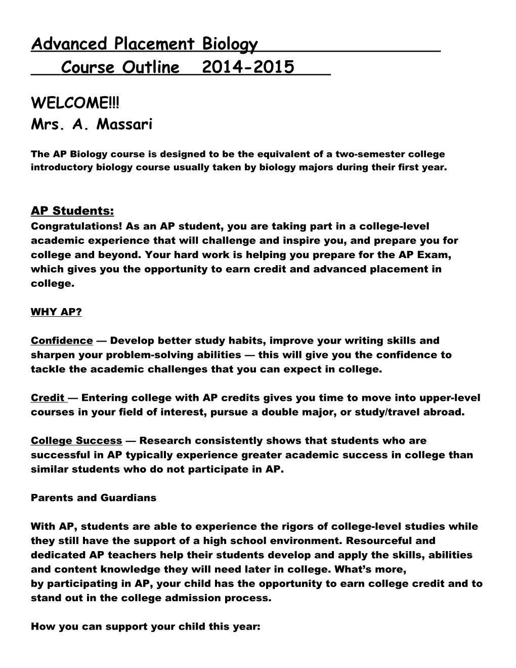 Advanced Placement Biology Course Outline 2014-2015