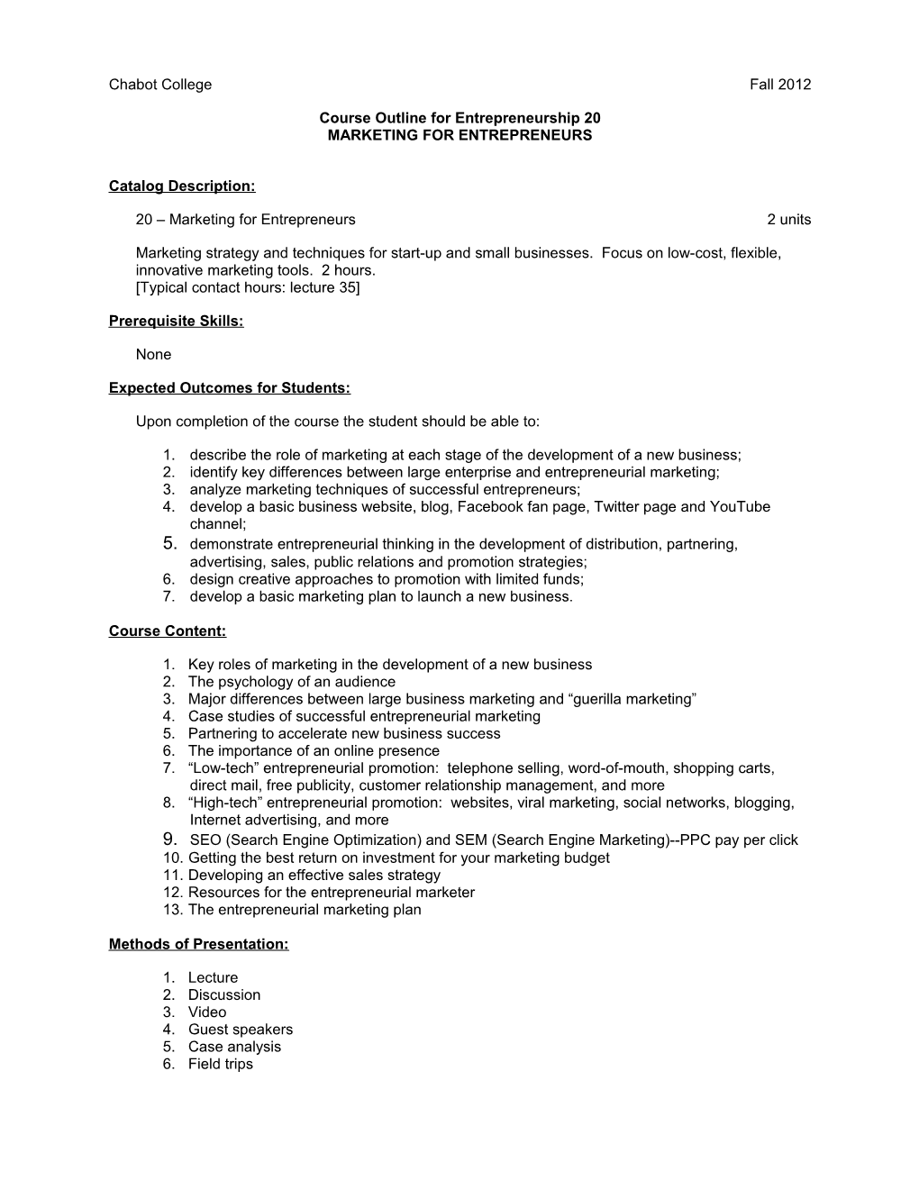 Course Outline for Entrepreneurship 20, Page 2