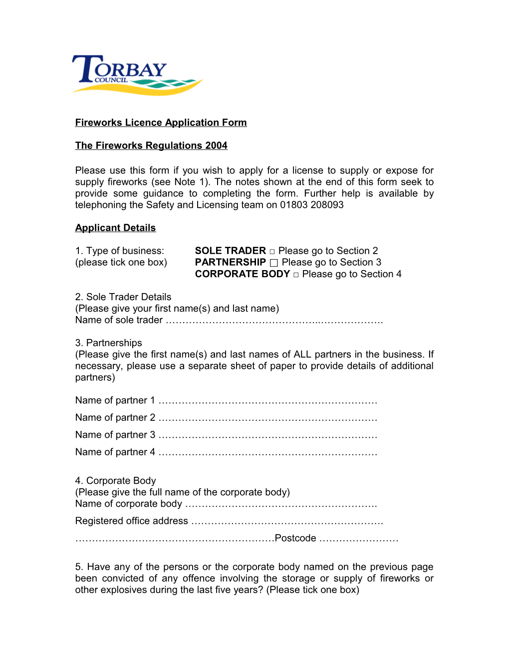 Fireworks Licence Application Form