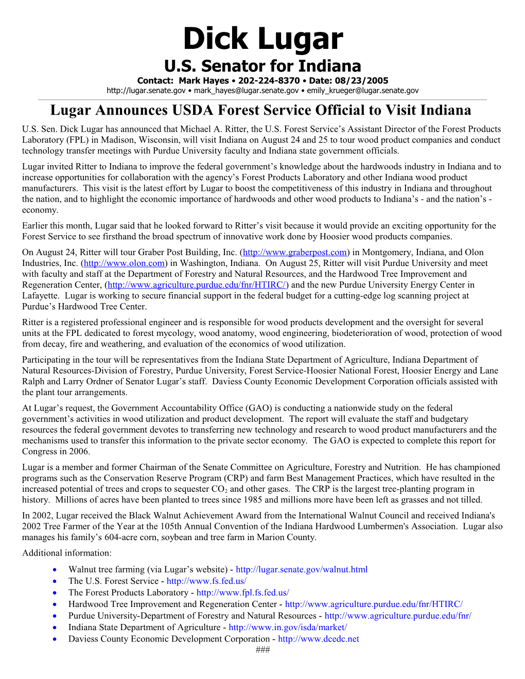 Lugar Announces Usdaforest Service Official to Visit Indiana