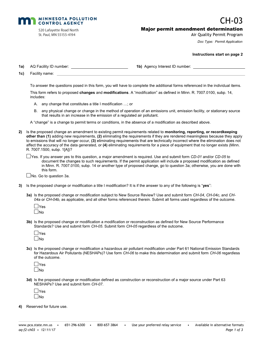 CH-03 Major Permit Amendment Determination - Air Quality Permit Program - Form
