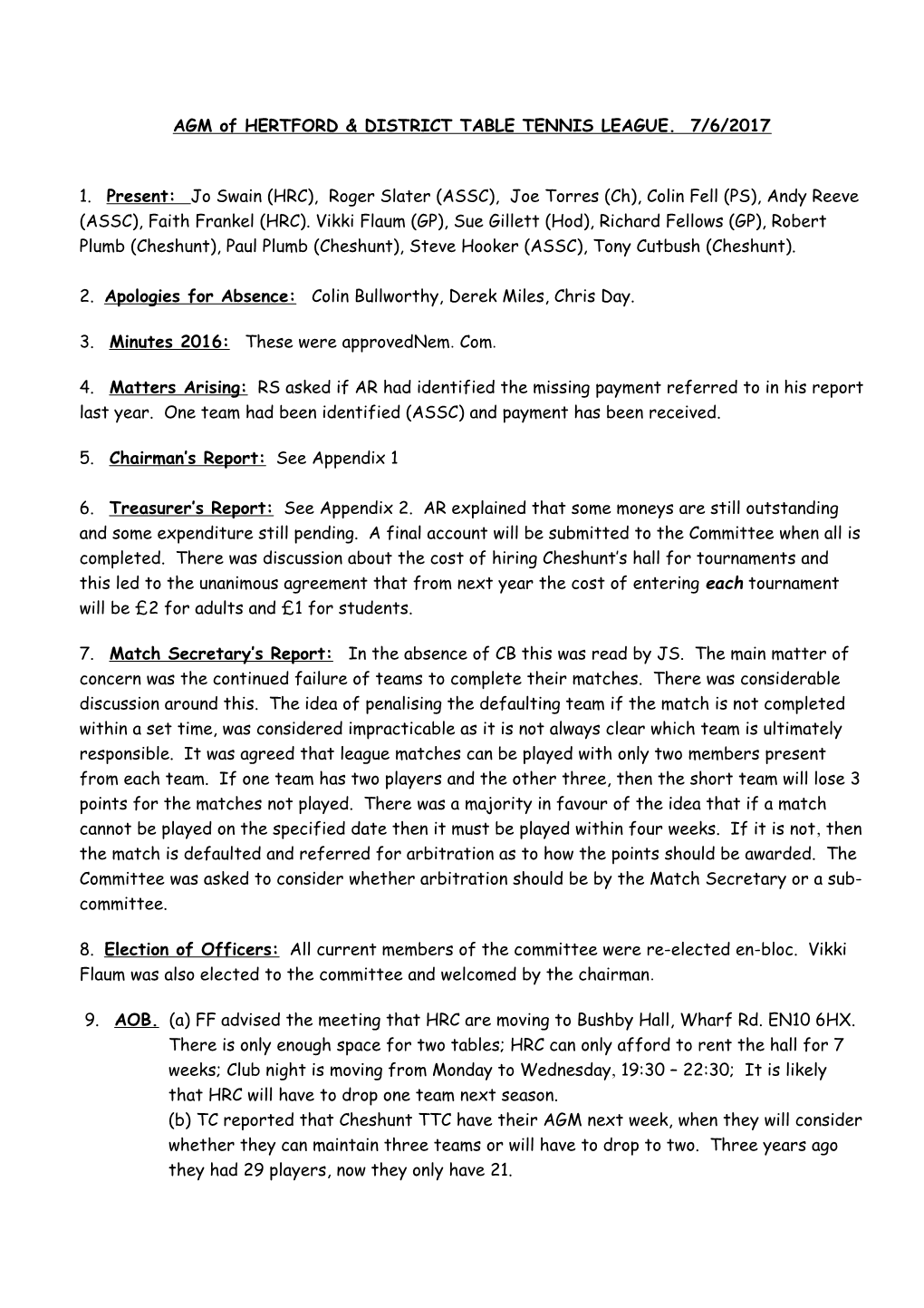 AGM of HERTFORD & DISTRICT TABLE TENNIS LEAGUE