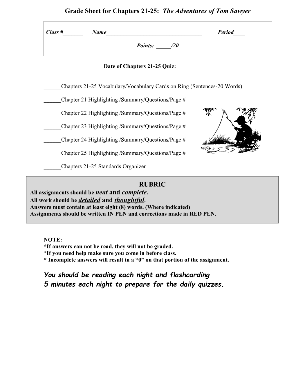 Cover Sheet for Chapters 1-5: the Adventures of Tom Sawyer