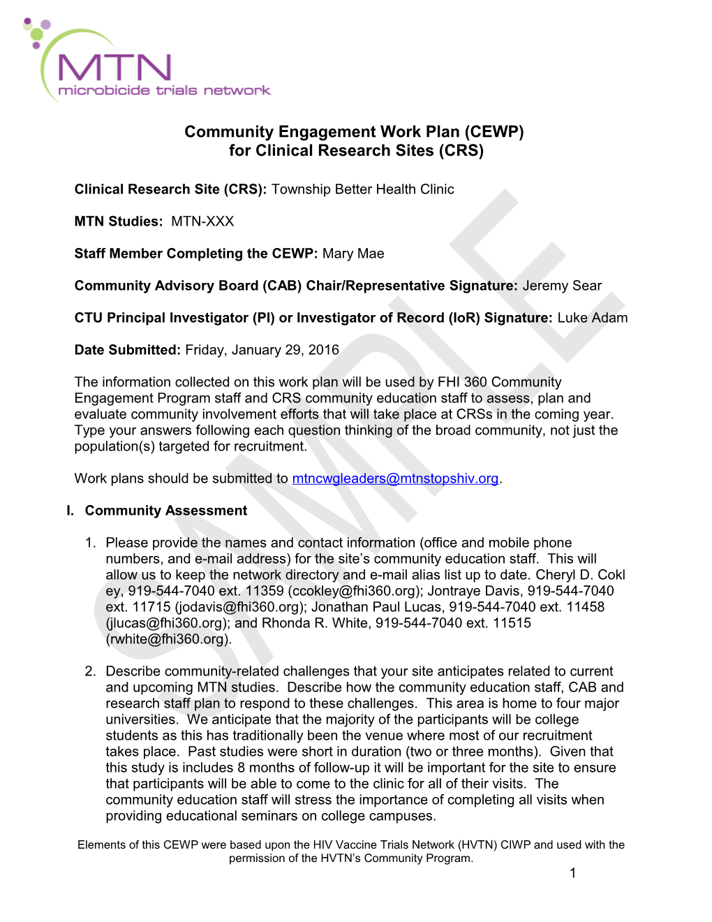 Community Engagement Work Plan (CEWP)