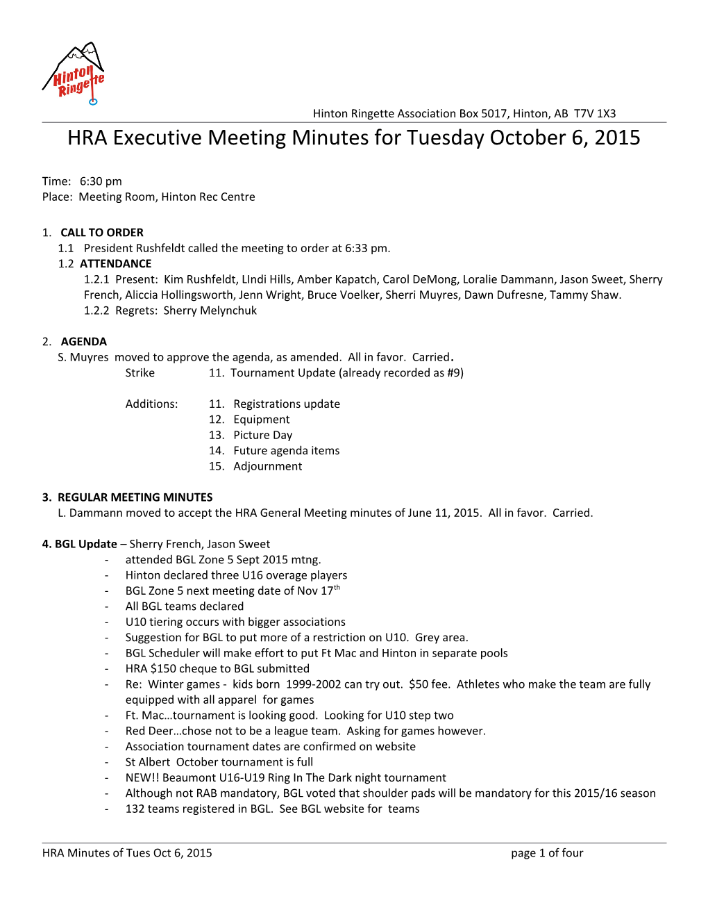 HRA Executive Meeting Minutes Fortuesday October 6, 2015
