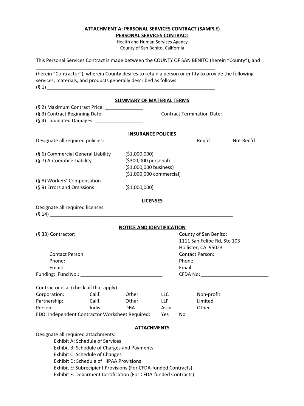 Attachment A: Personal Services Contract (Sample)
